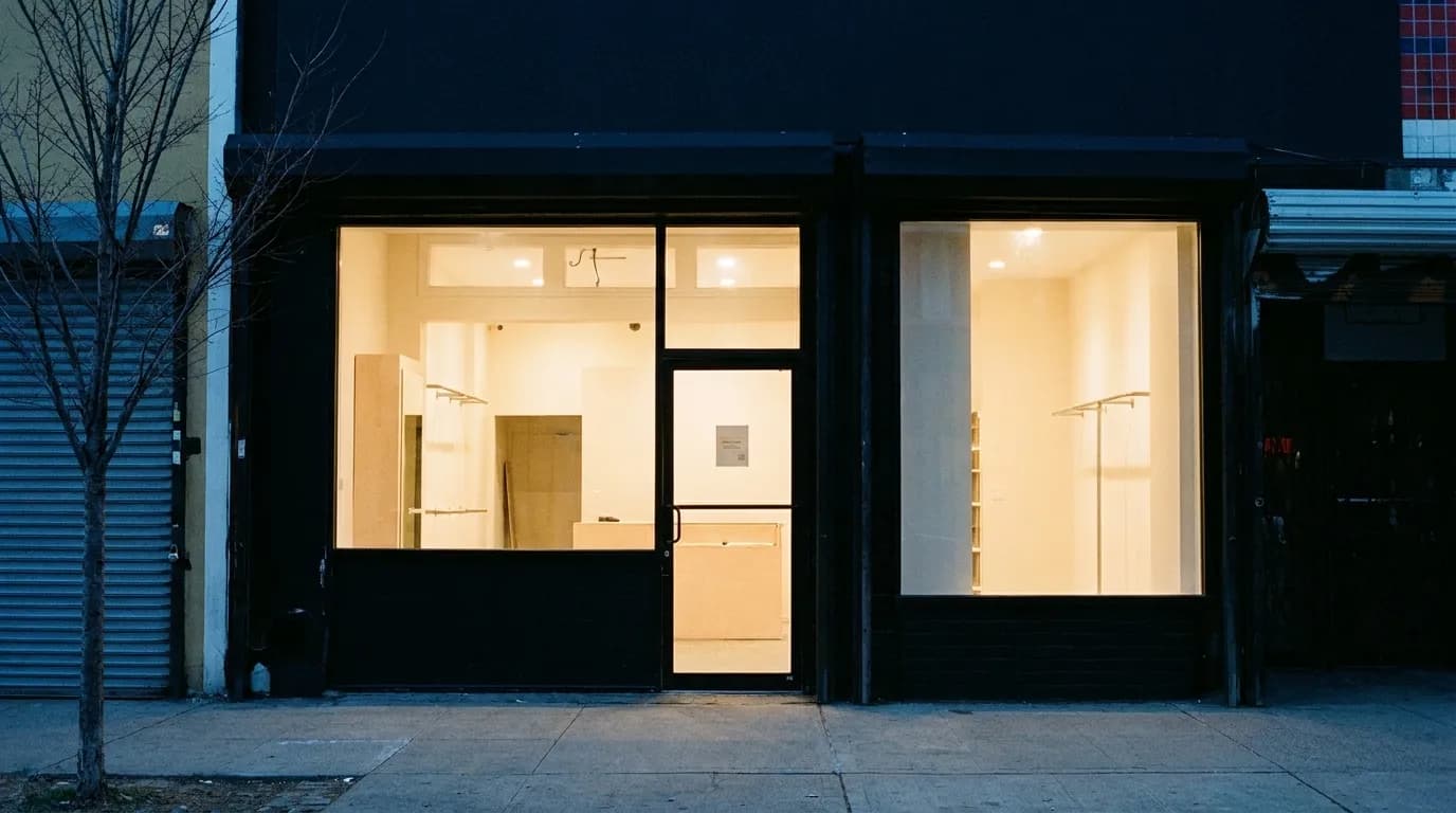 A minimal storefront on a low-rise Brooklyn street at dusk, wide glass frontage lit from within, a small verification decal on the door glass and empty sidewalk in front