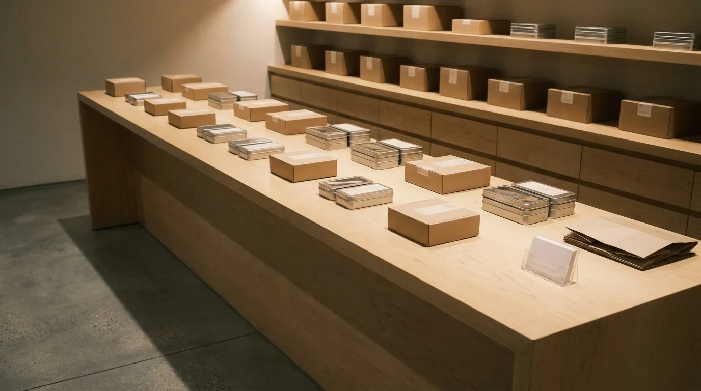 A pale wood display counter with sealed matte packaging arranged in a grid under soft downlighting, a small printed card holder at the end and no readable text anywhere