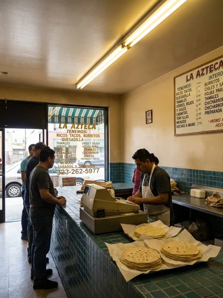 Warm counter service scene at a Boyle Heights tortilla shop