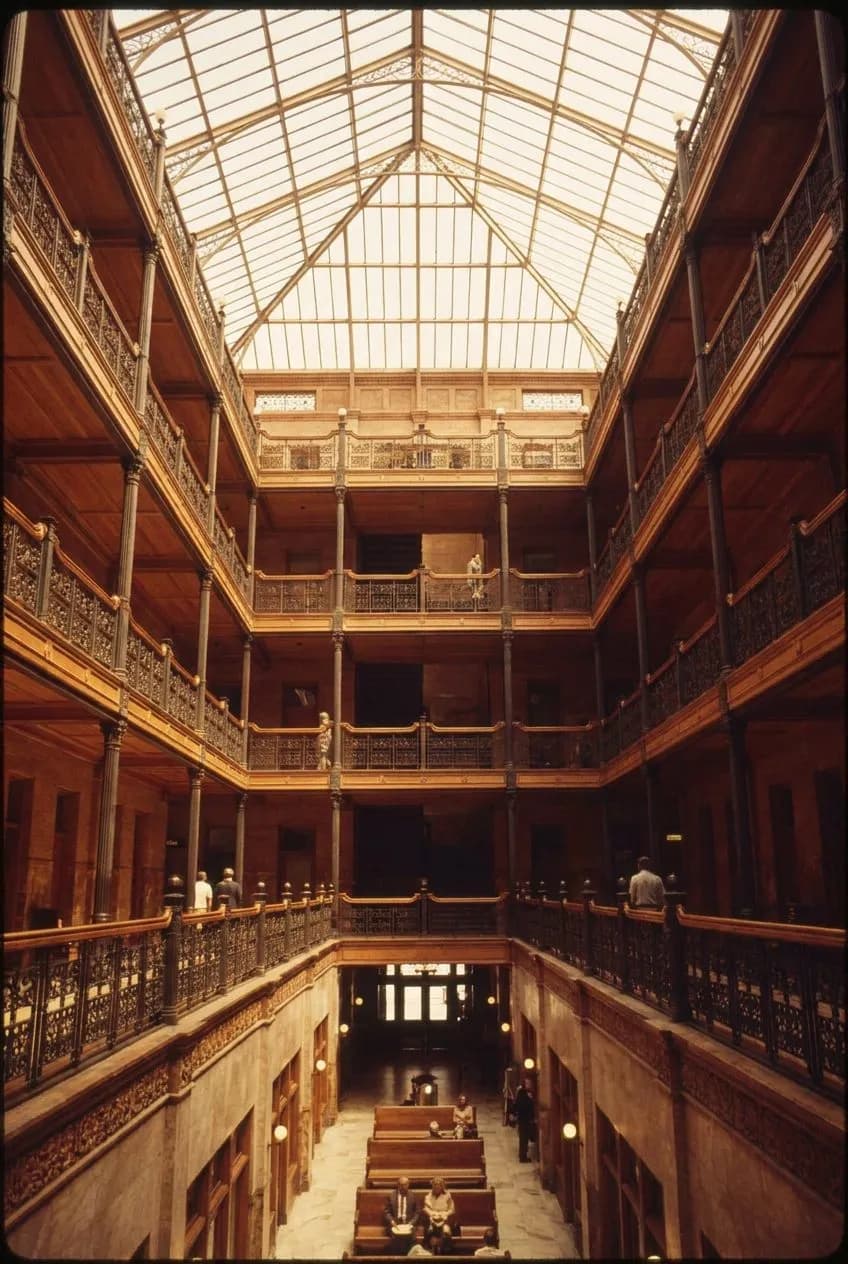 The Bradbury Building atrium — LA's free 1893 iron cathedral at 304 S Broadway