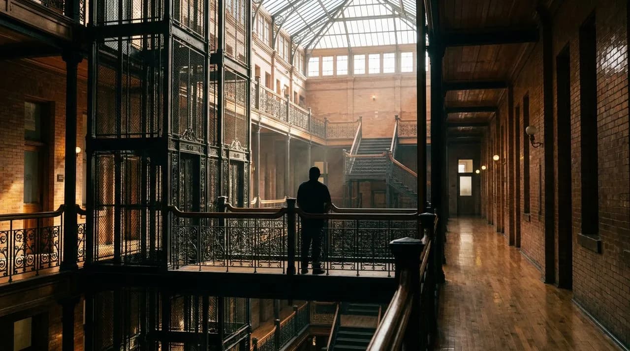 The Bradbury Building atrium — LA's free 1893 iron cathedral at 304 S Broadway
