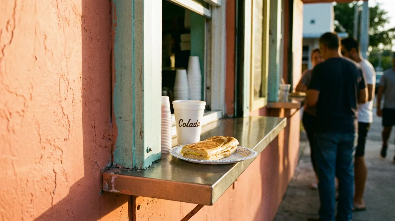 Ventanita window in Miami with a colada, plastic thimble cups and a buttered tostada in morning light