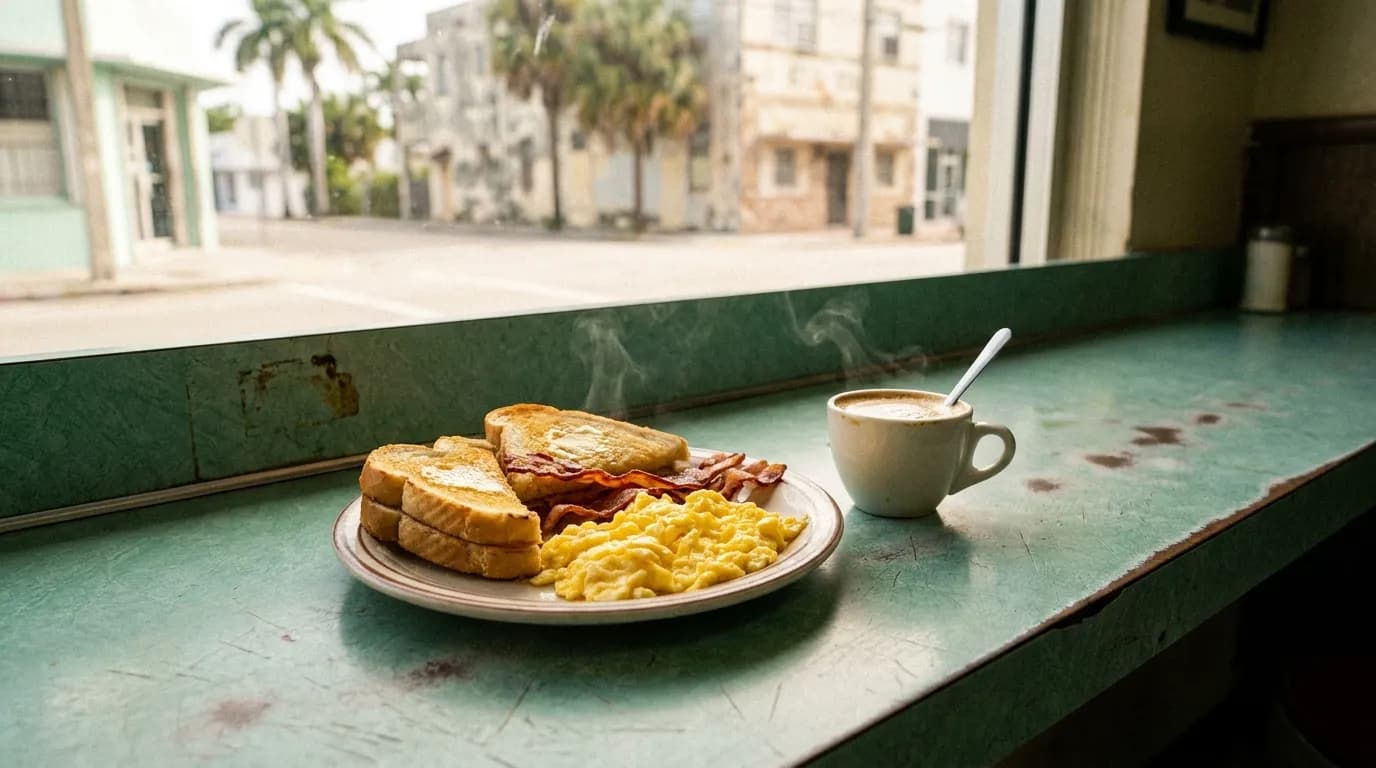 Cuban breakfast platter with eggs, Cuban toast and cortadito on a formica diner counter in Miami