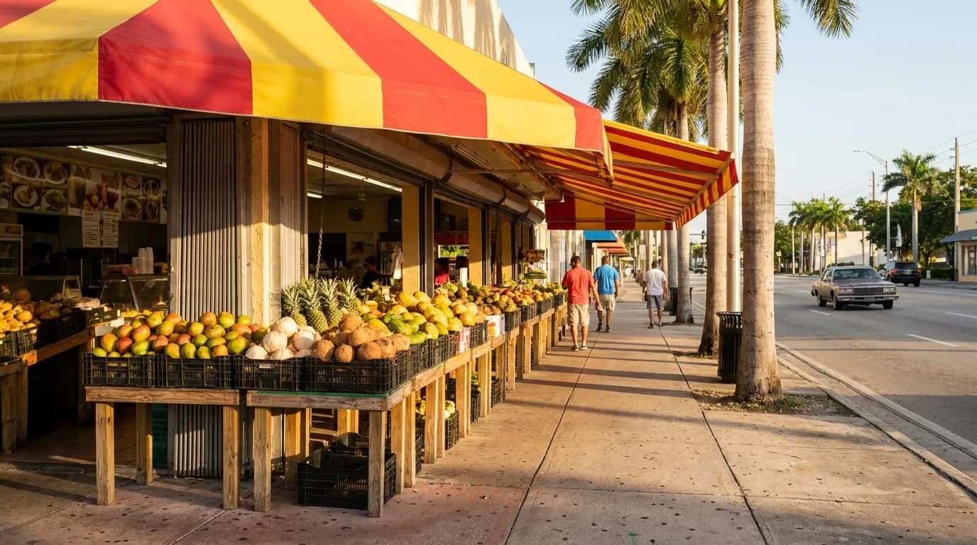 Red and yellow awning of a Cuban juice stand and cafeteria exterior in Miami morning light