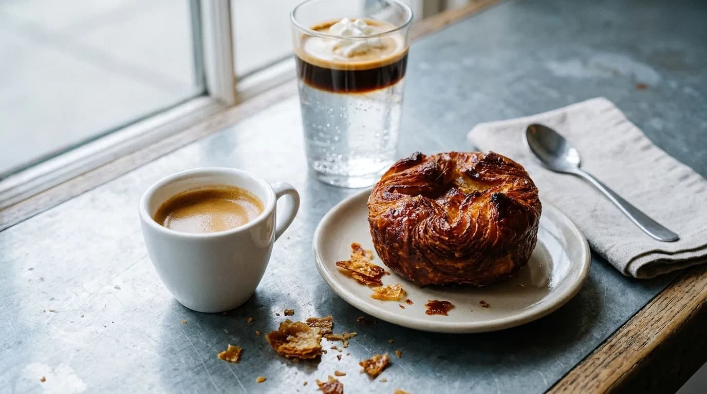 An espresso in a plain white cup beside a caramelised kouign-amann on a small plate, with a tall glass of sparkling espresso behind, on a worn zinc counter in morning light