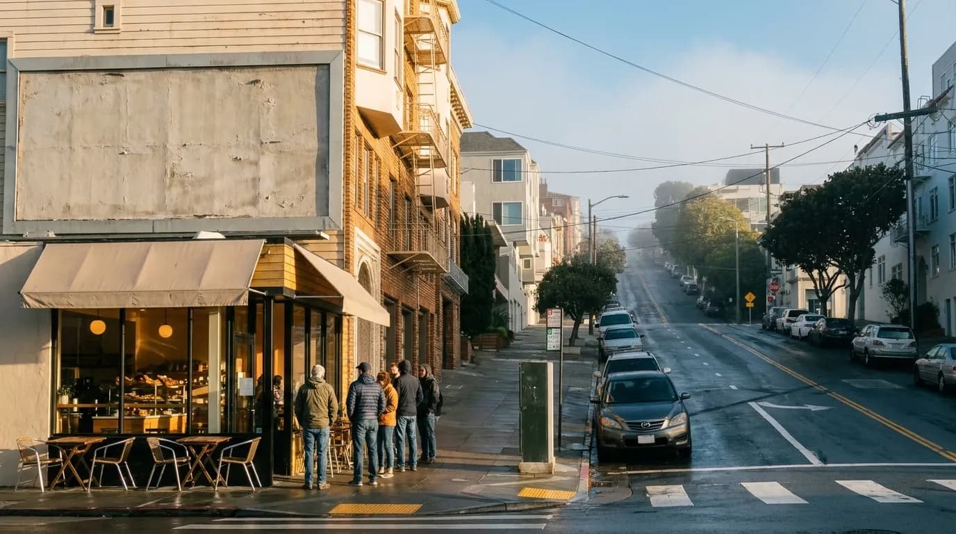 A San Francisco commercial street in early morning fog, with a corner café's lit windows, sidewalk tables and a short queue waiting on the pavement