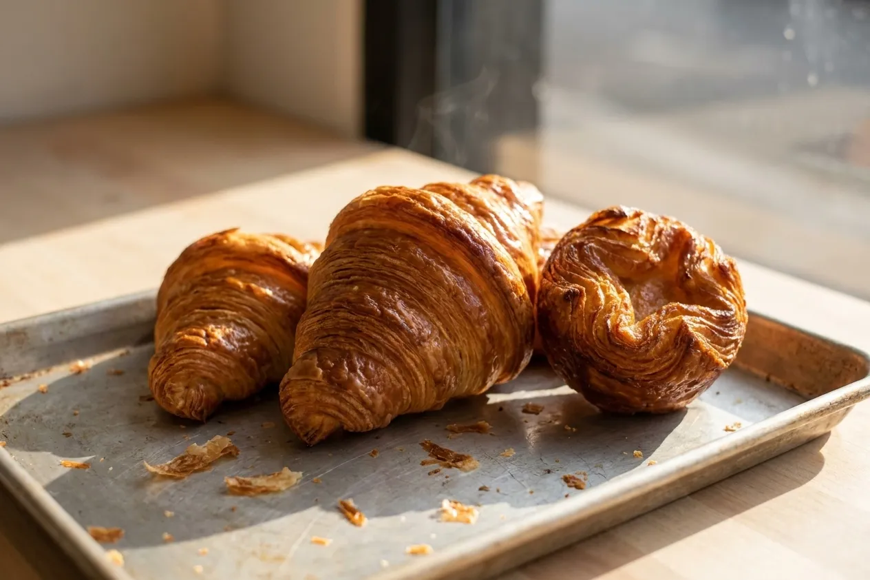 Freshly baked golden croissants and a caramelised kouign amann on a plain metal bakery tray in soft morning window light
