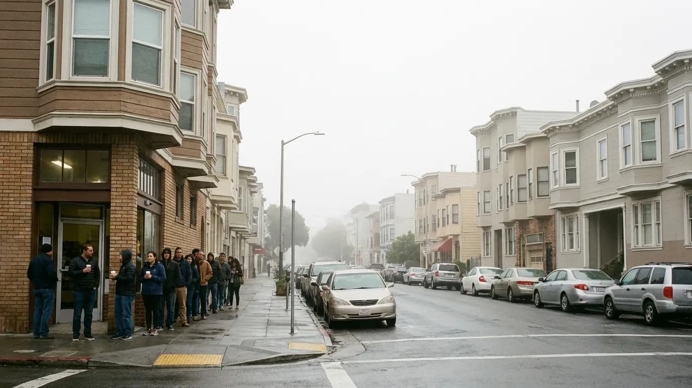 A foggy Inner Richmond San Francisco residential street early on a weekend morning with a modest queue of people in jackets waiting along the sidewalk outside a small corner bakery