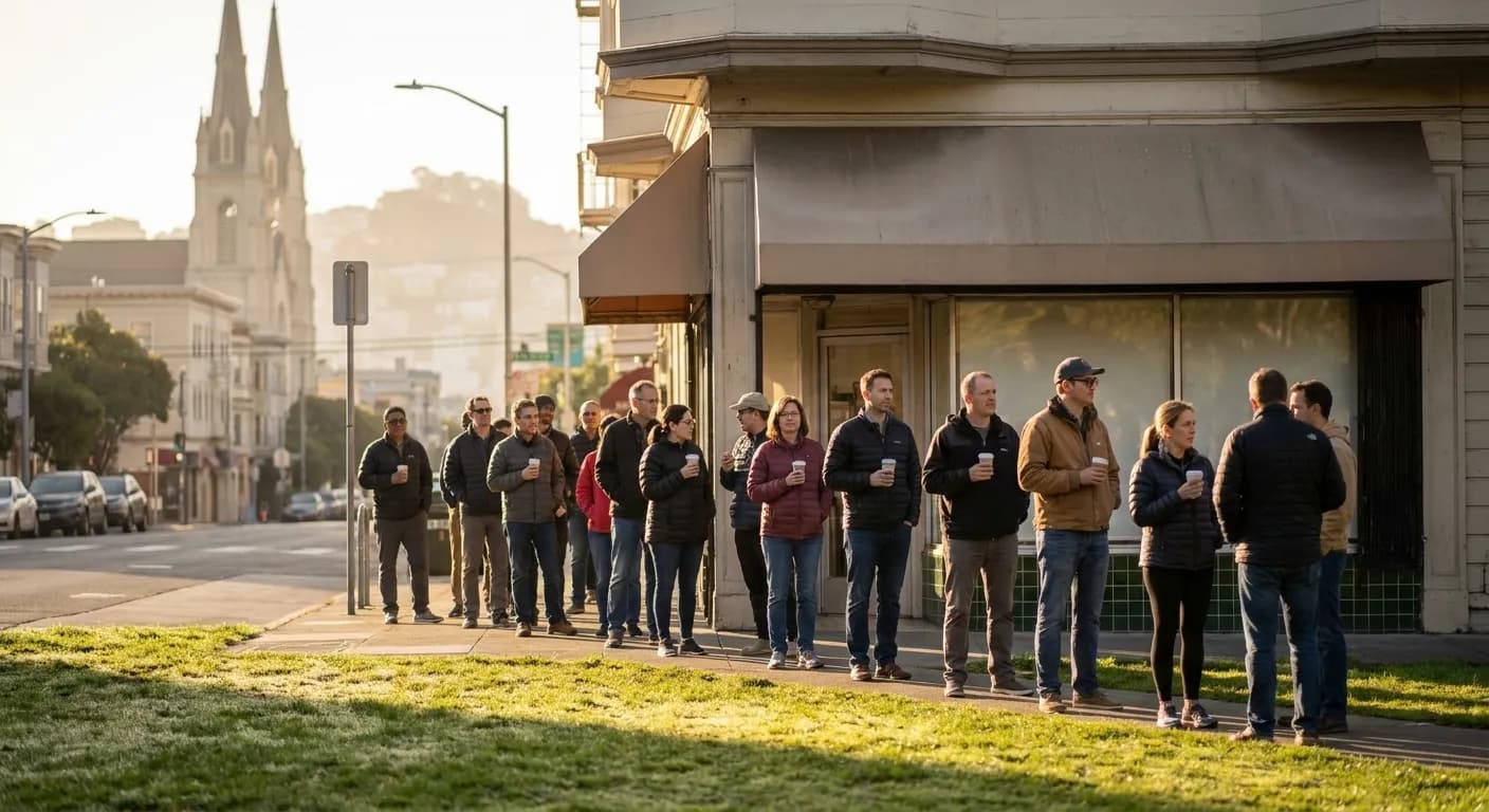 Early morning golden light beside a small San Francisco park with a line of people in jackets waiting outside a corner breakfast restaurant
