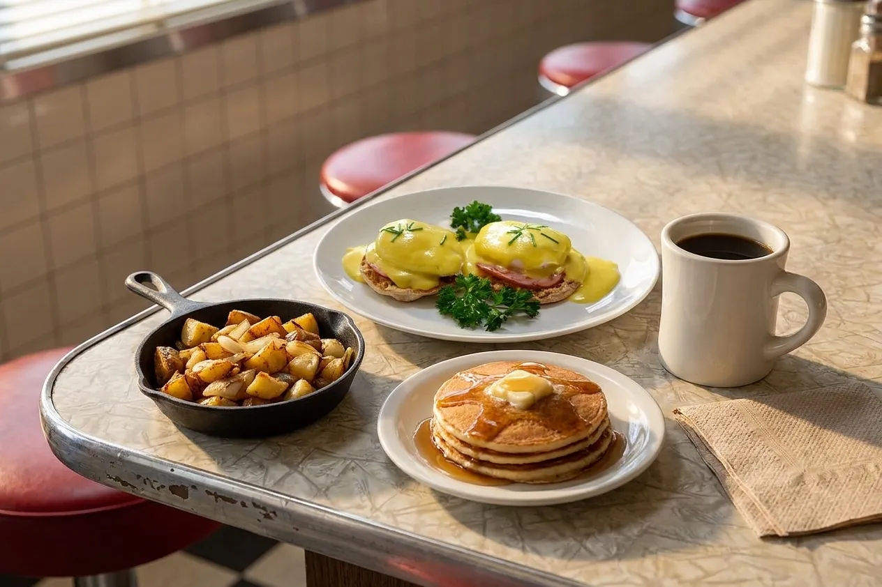Overhead view of a diner counter with poached eggs and hollandaise, a skillet of potatoes, a short stack with syrup and a white ceramic coffee mug in morning light