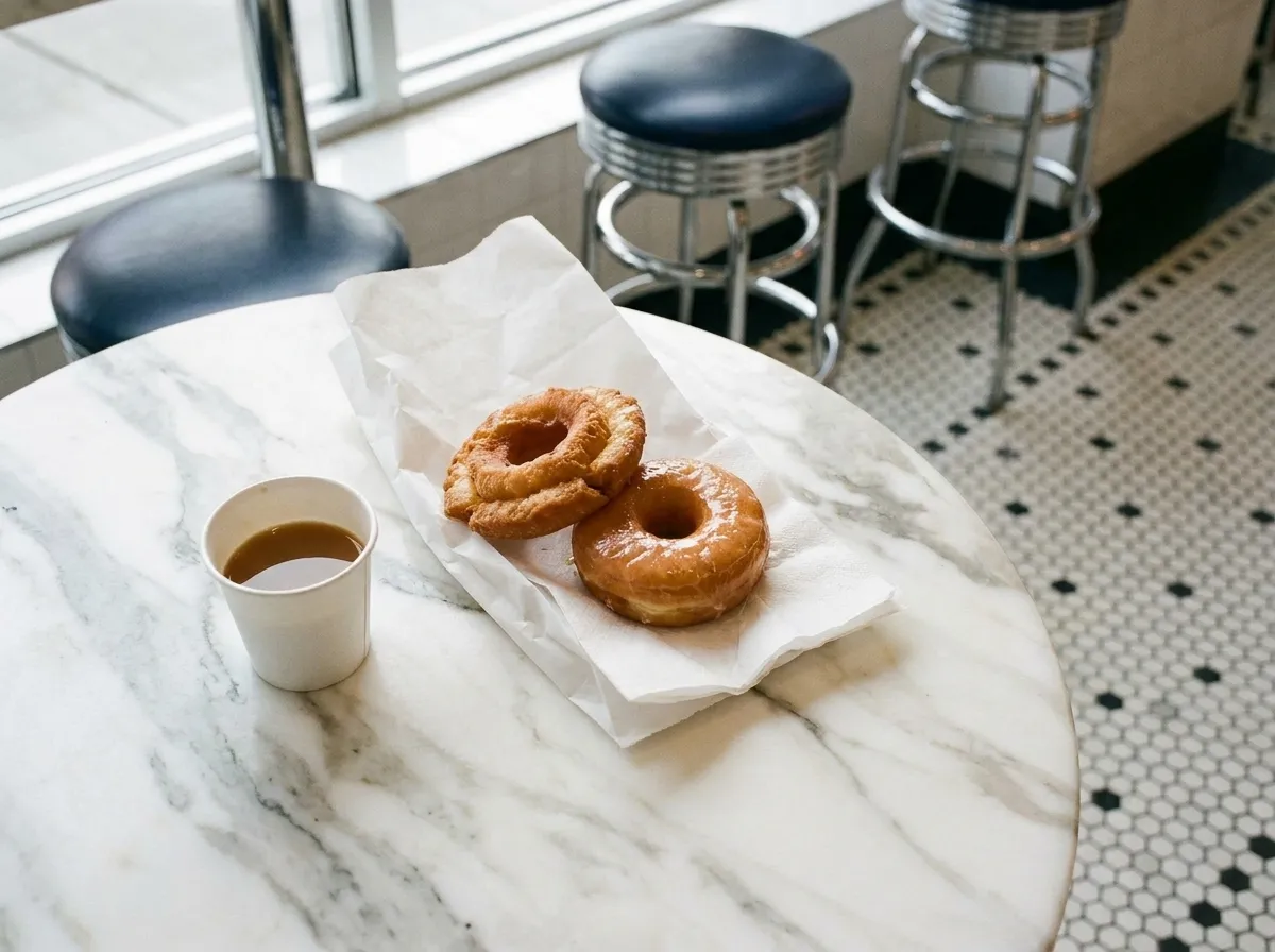 Glazed donut and cruller with a paper cup of coffee on a round marble table beside chrome diner stools at dawn