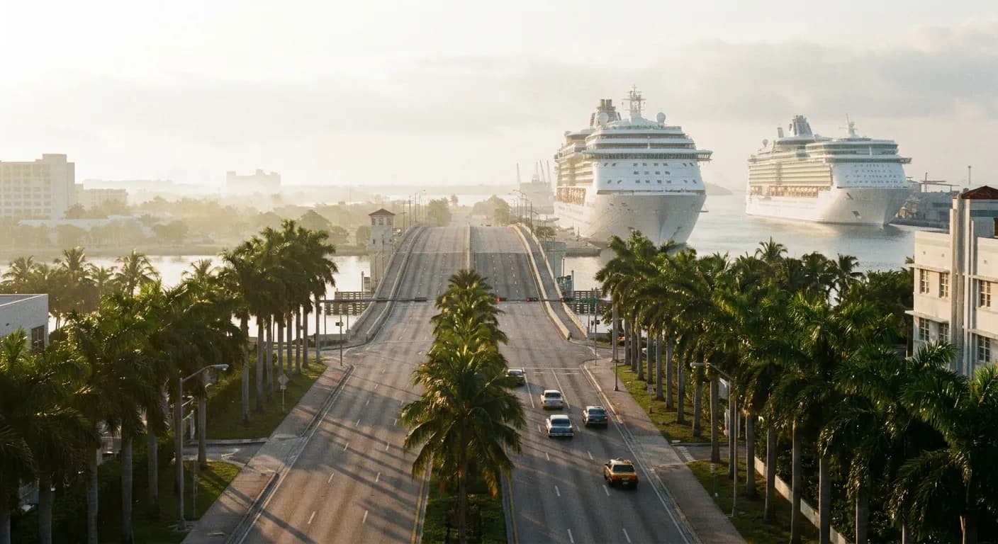 Morning view down Biscayne Boulevard toward PortMiami with cruise ships on the water in soft early light