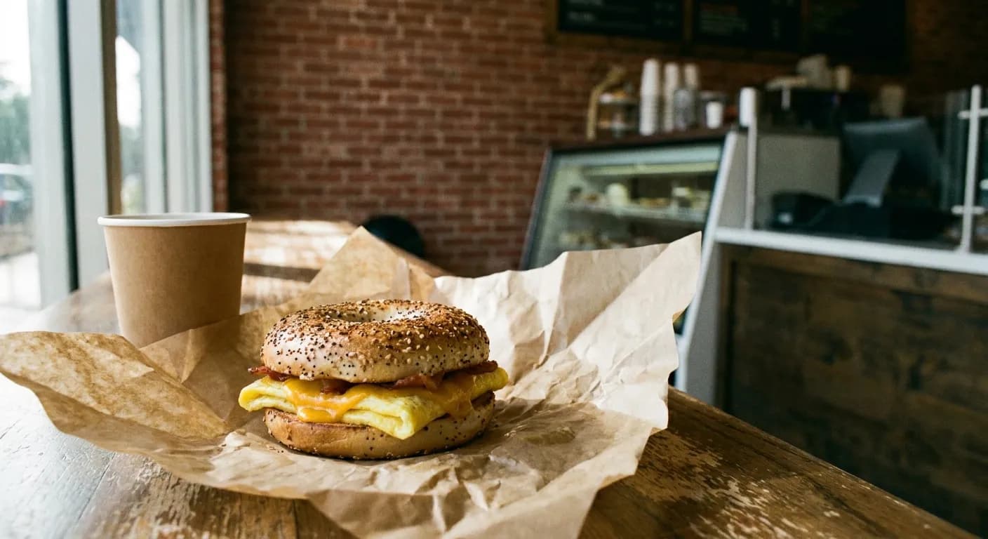 Toasted bagel breakfast sandwich with eggs and coffee on a deli counter in Brickell Miami