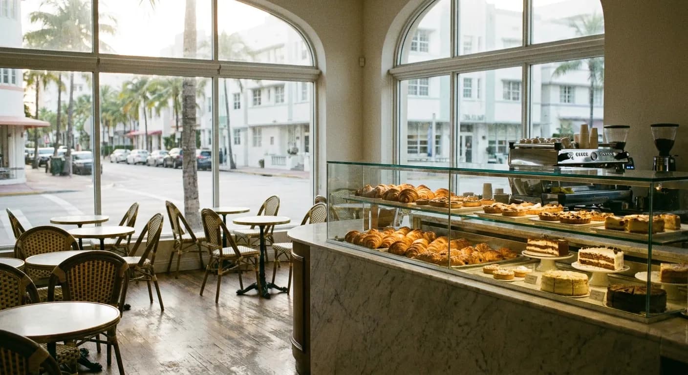 Bakery cafe interior with pastry case and marble counter in morning light in downtown Miami