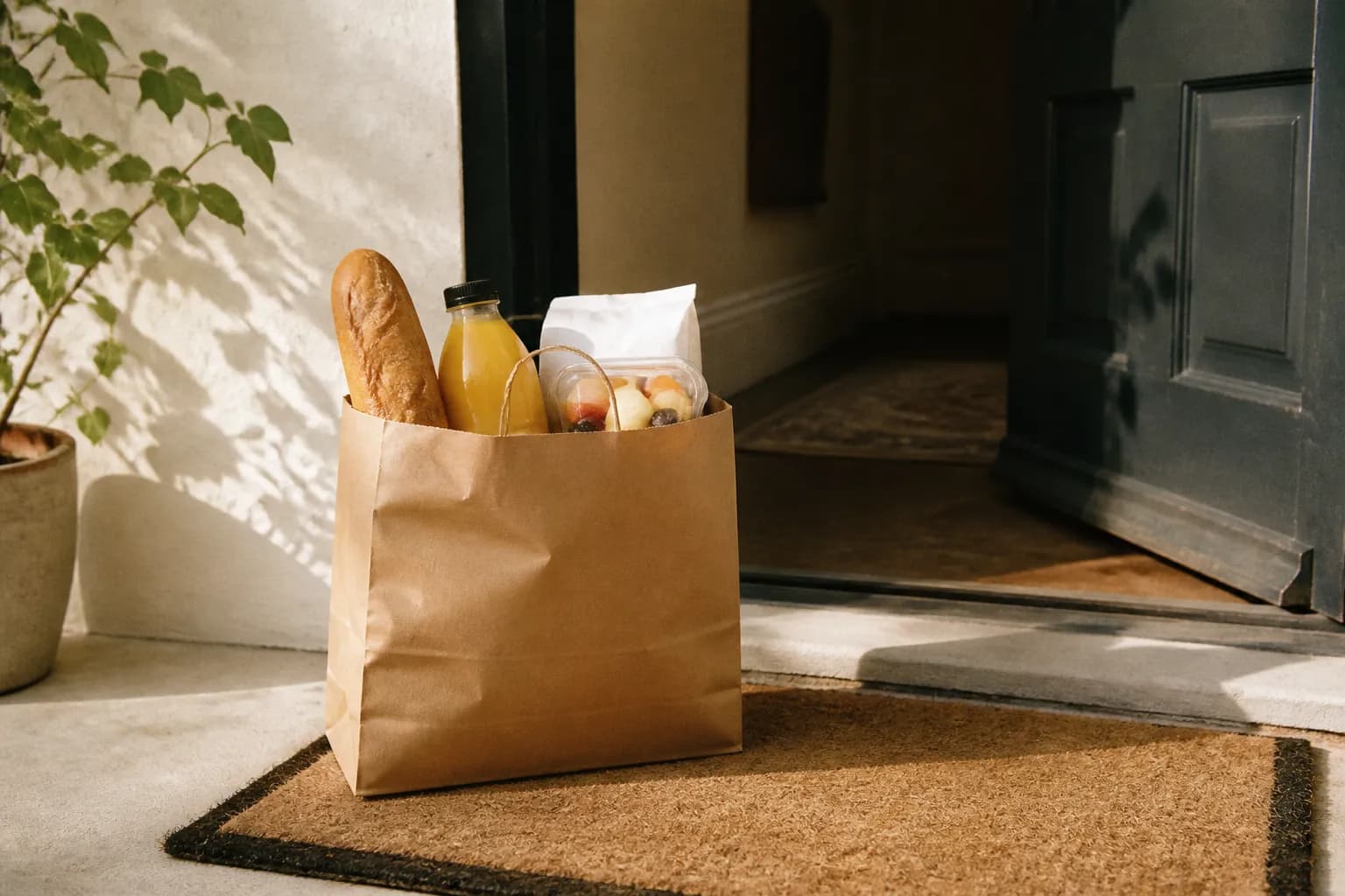 A breakfast delivery bag resting on a doorstep in soft morning light