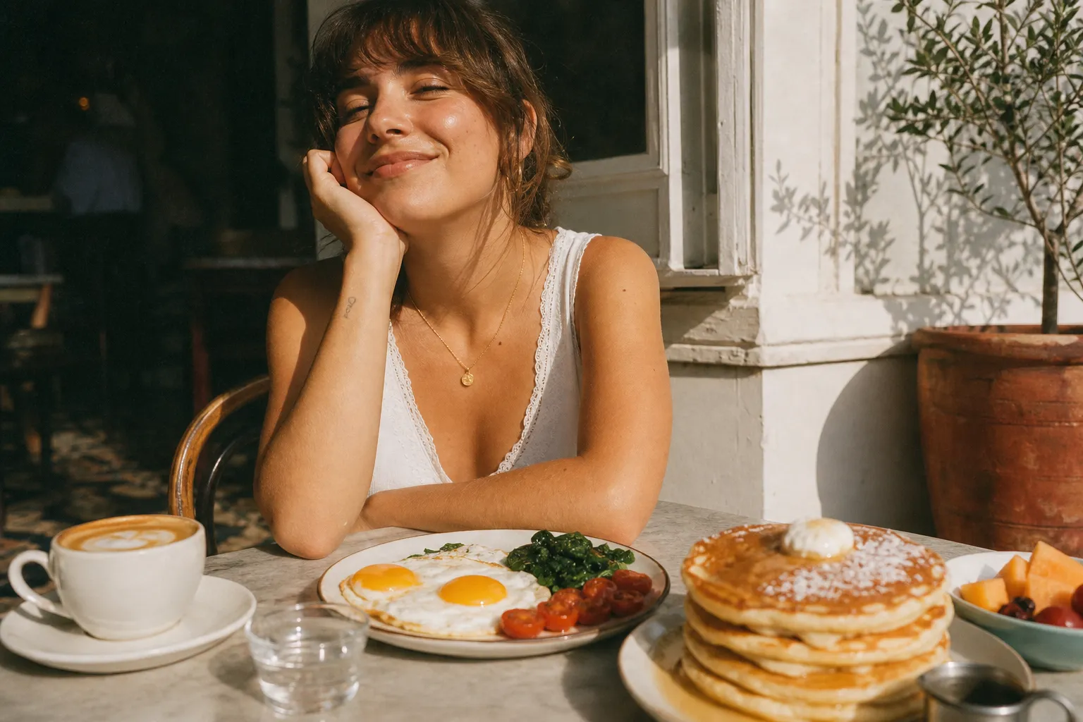 Sunny cafe table with coffee, eggs, and pancakes in warm morning light
