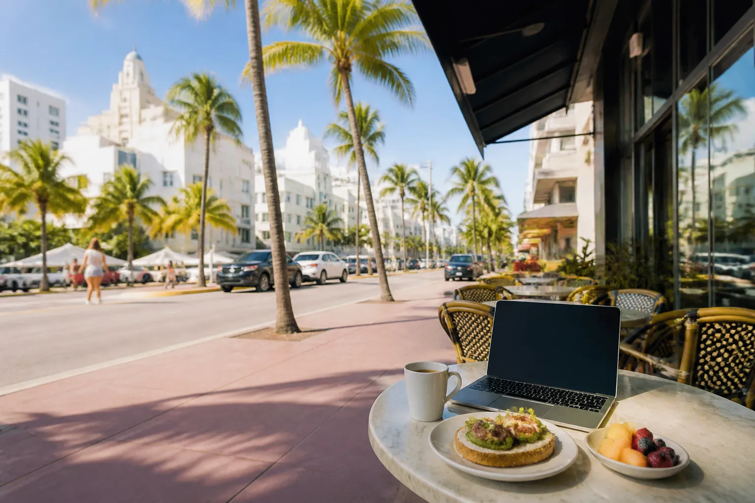 Realistic Miami food and neighborhood scene