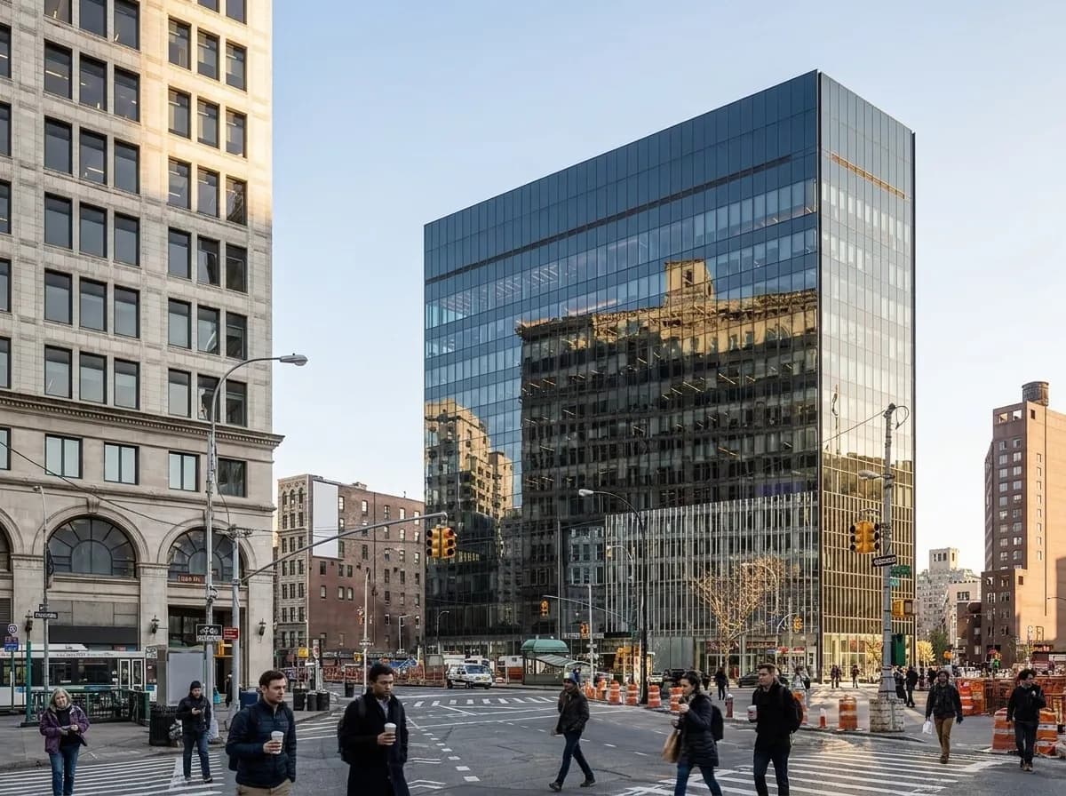 Wide morning view of a downtown Manhattan plaza near Cooper Square with commuters carrying coffee cups