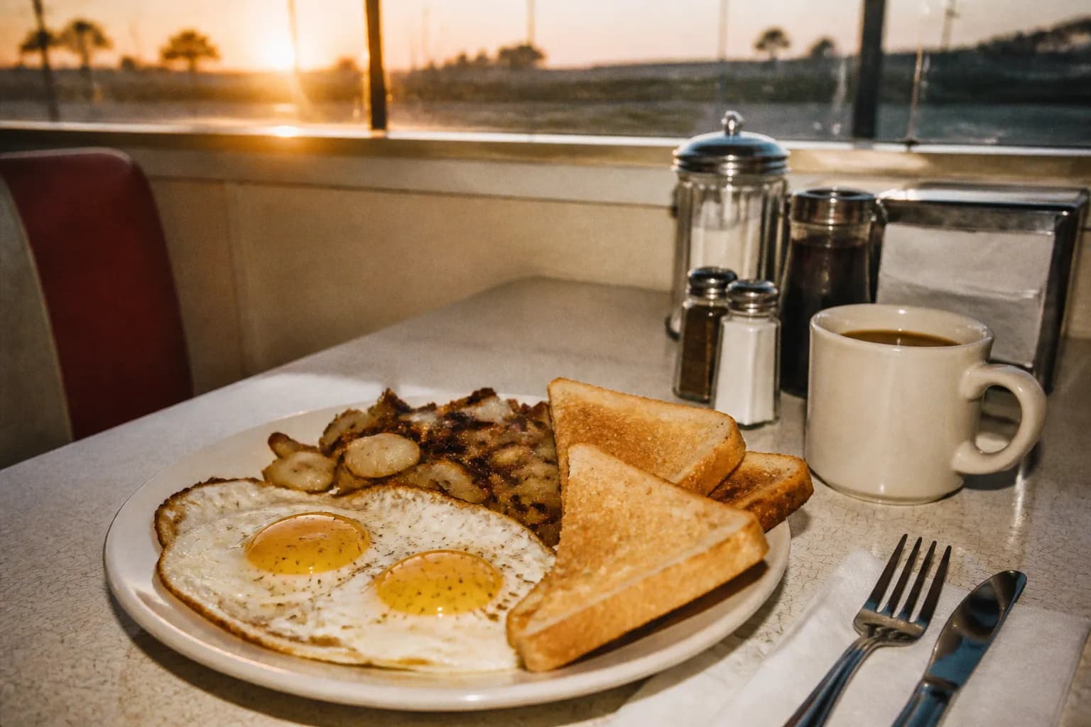A diner breakfast plate with eggs and toast lit by early sunrise light