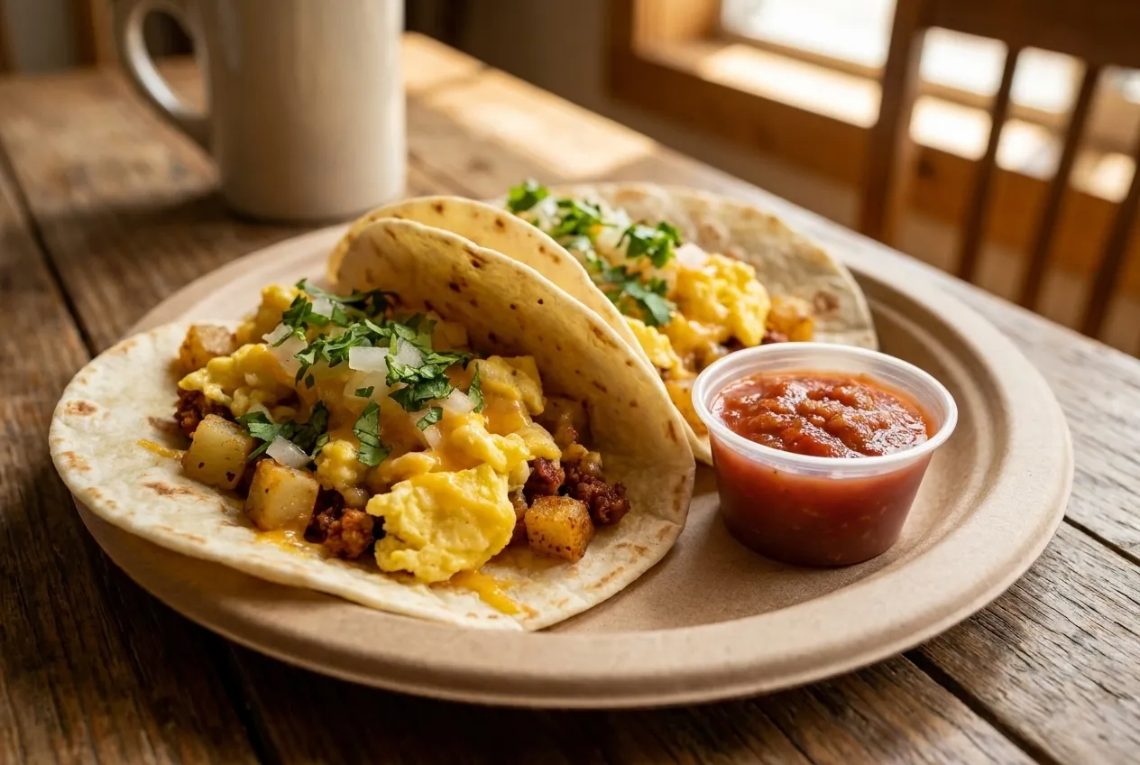 Two breakfast tacos on a paper plate with salsa in a small cup