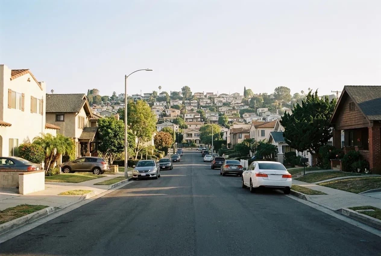 A quiet Los Angeles residential street below a hillside with morning light