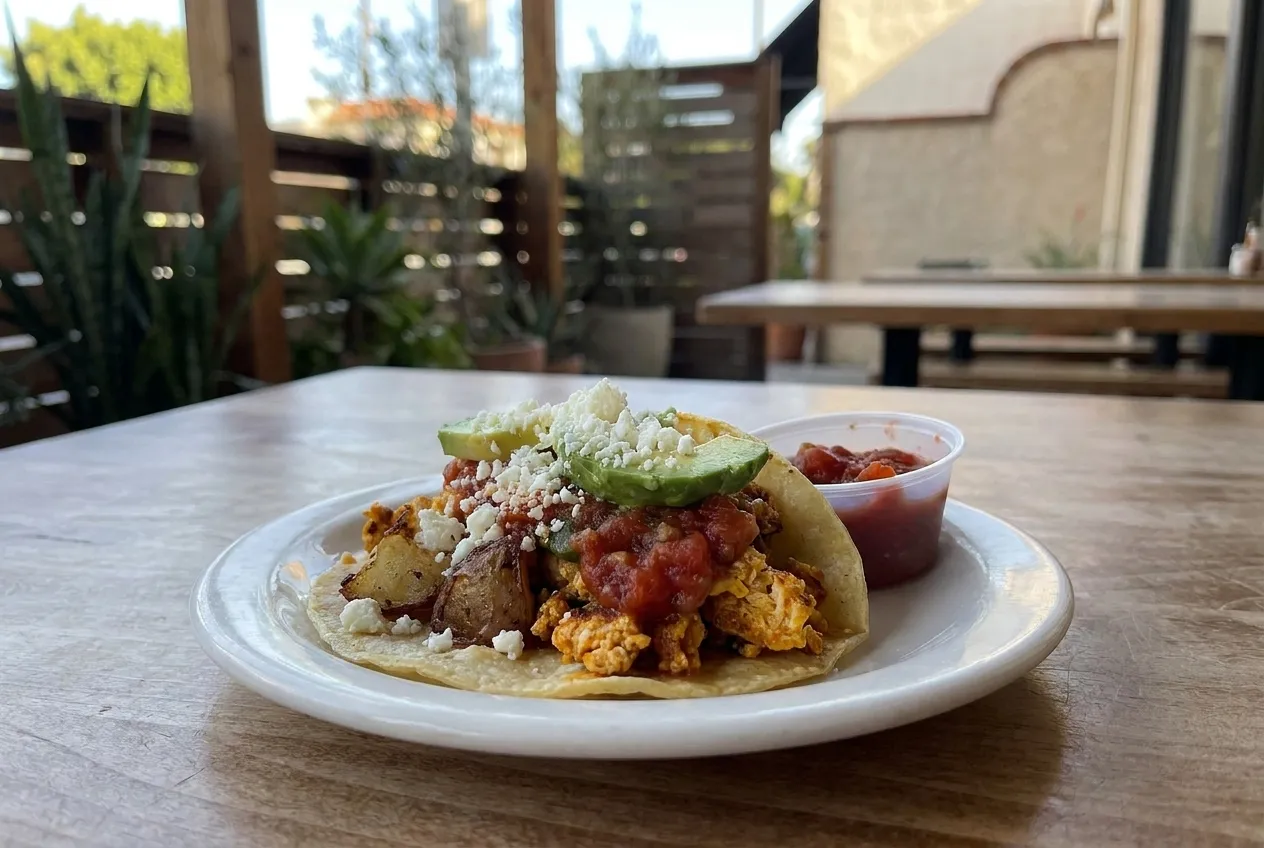 A taco with egg and potato on a small plate beside a salsa cup