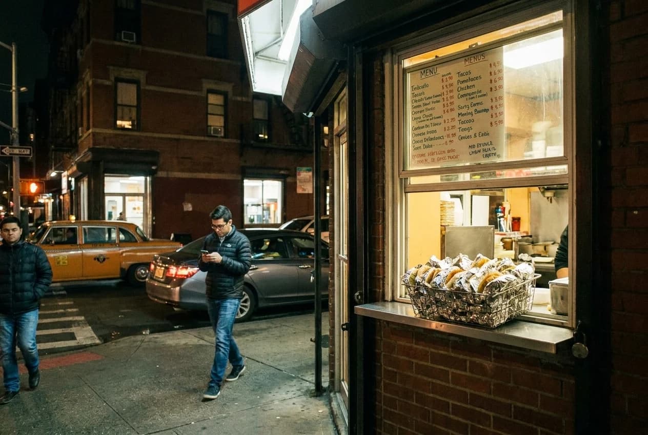 Taqueria counter window at night with foil-wrapped tacos and handwritten menu board