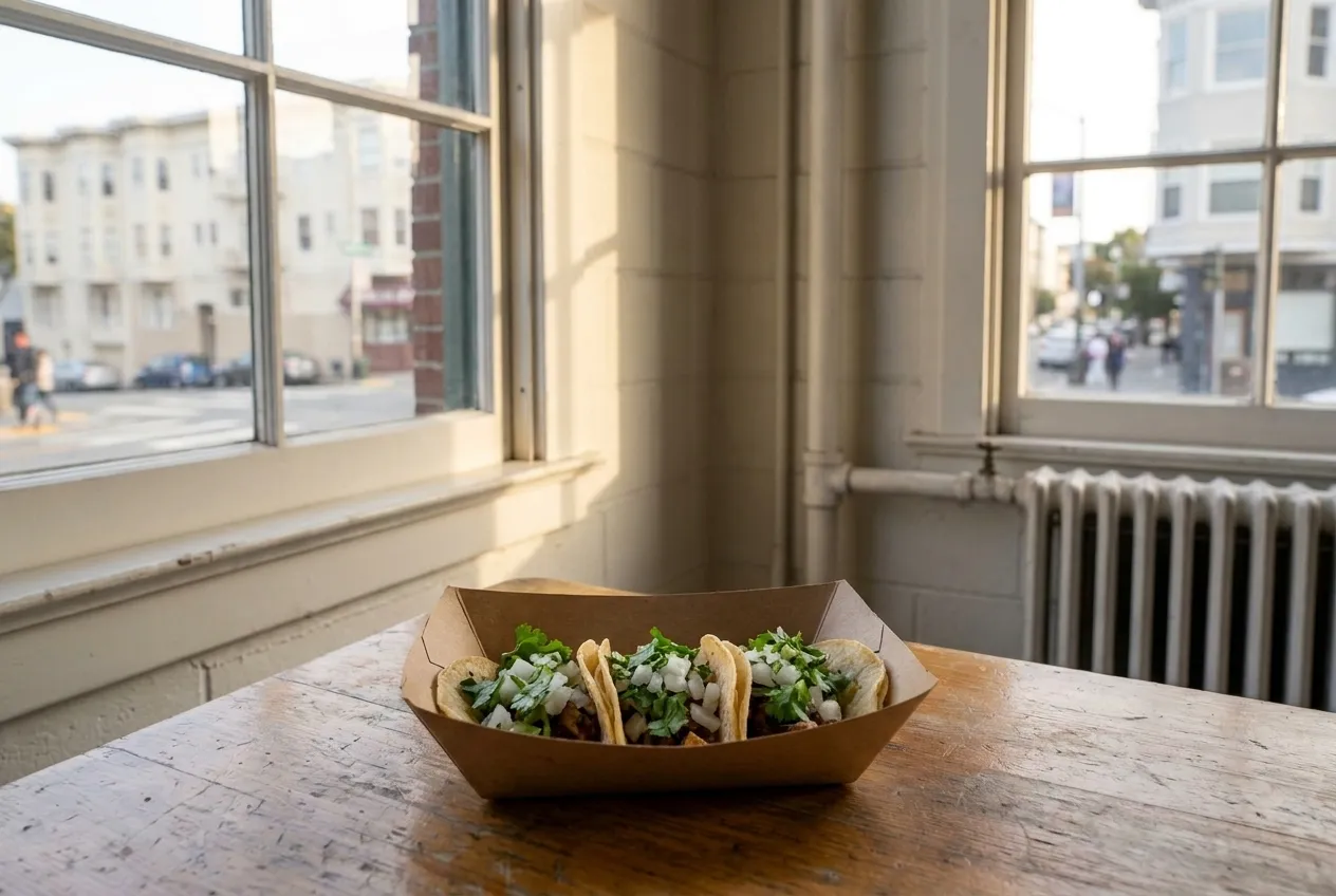 Three small tacos with onion and coriander on a paper tray