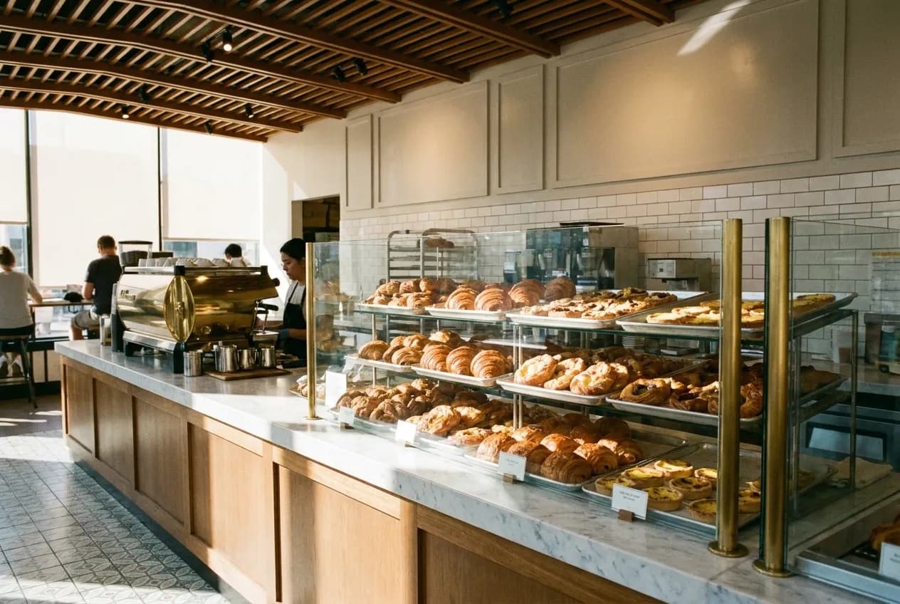 A bakery counter in morning light with trays of pastries behind glass and a coffee machine at the far end of the marble top