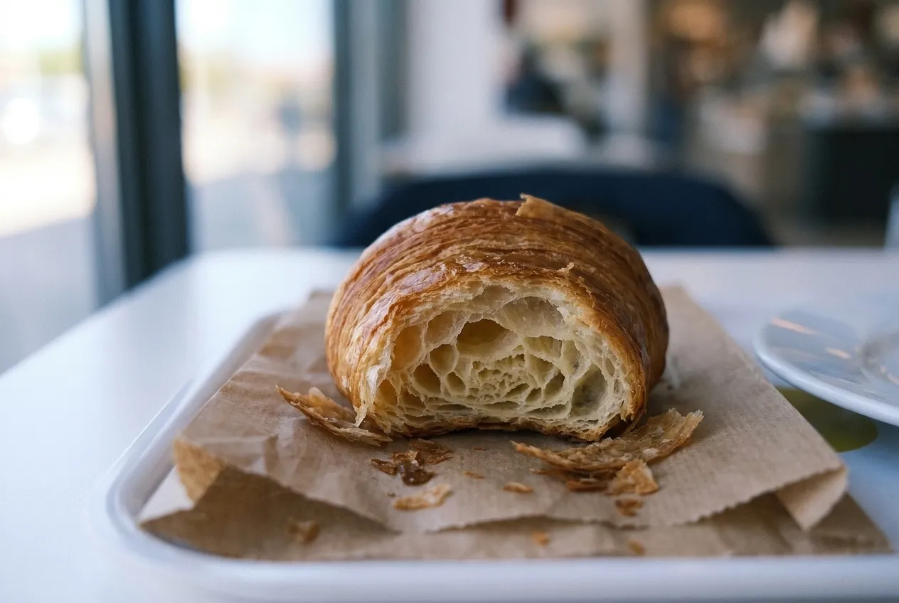A croissant torn open to show the layered honeycomb interior, flakes scattered on the paper beneath it