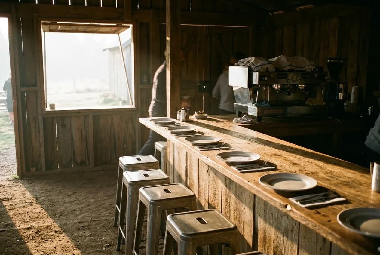 A breakfast counter with stools and plates set along it, low morning light coming through a window and a coffee machine at the far end