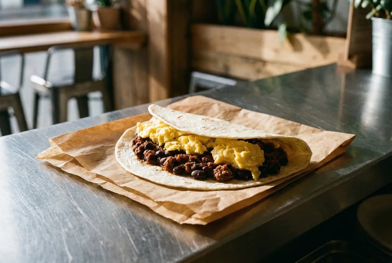 A soft flour tortilla folded open around scrambled egg and a dark filling, resting on paper on a metal counter