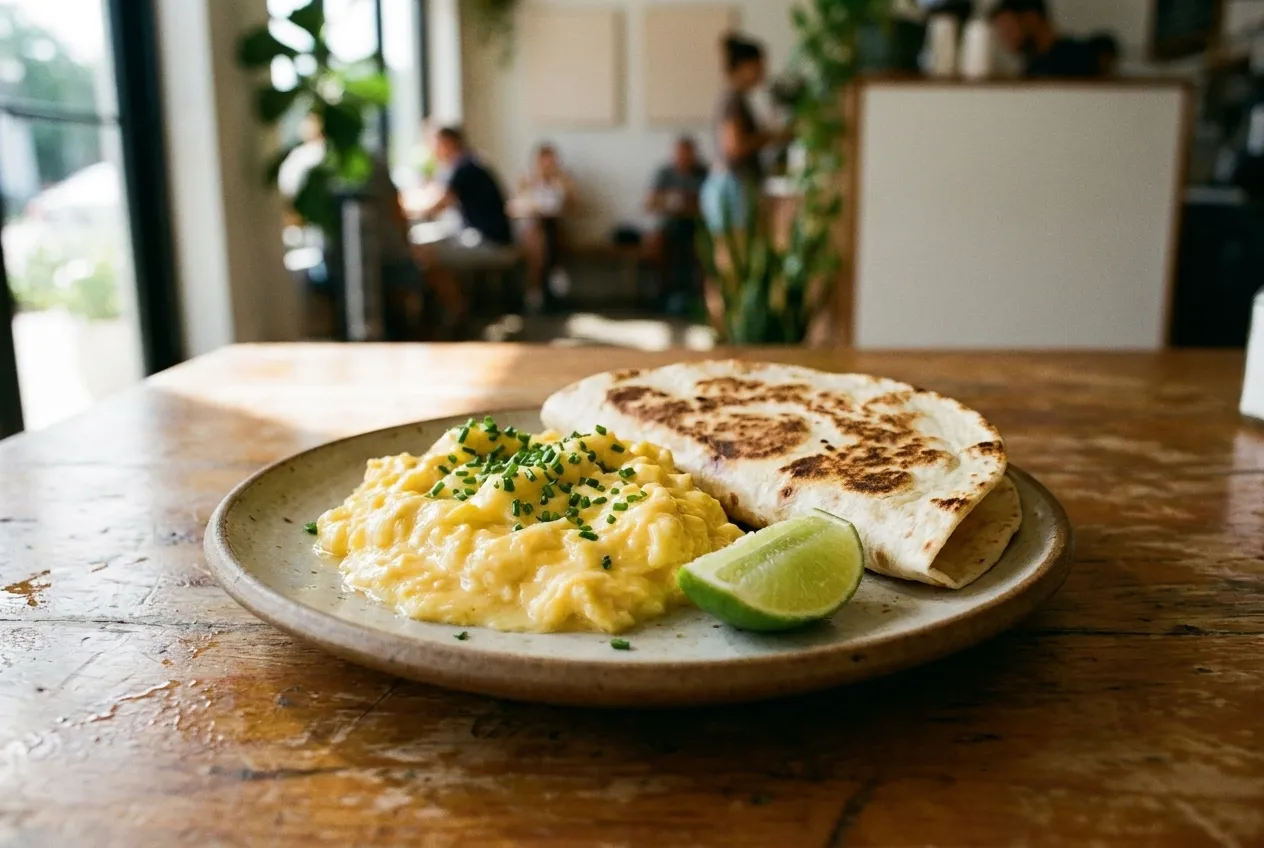 A plate of soft scrambled eggs beside a folded tortilla and a wedge of lime, photographed close in warm morning light