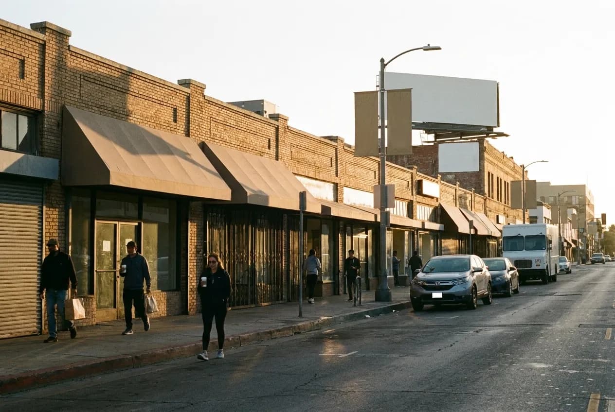 An old commercial street in Los Angeles at dawn with low brick buildings