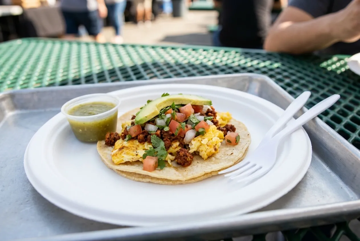 A breakfast taco with egg and chorizo on a paper plate