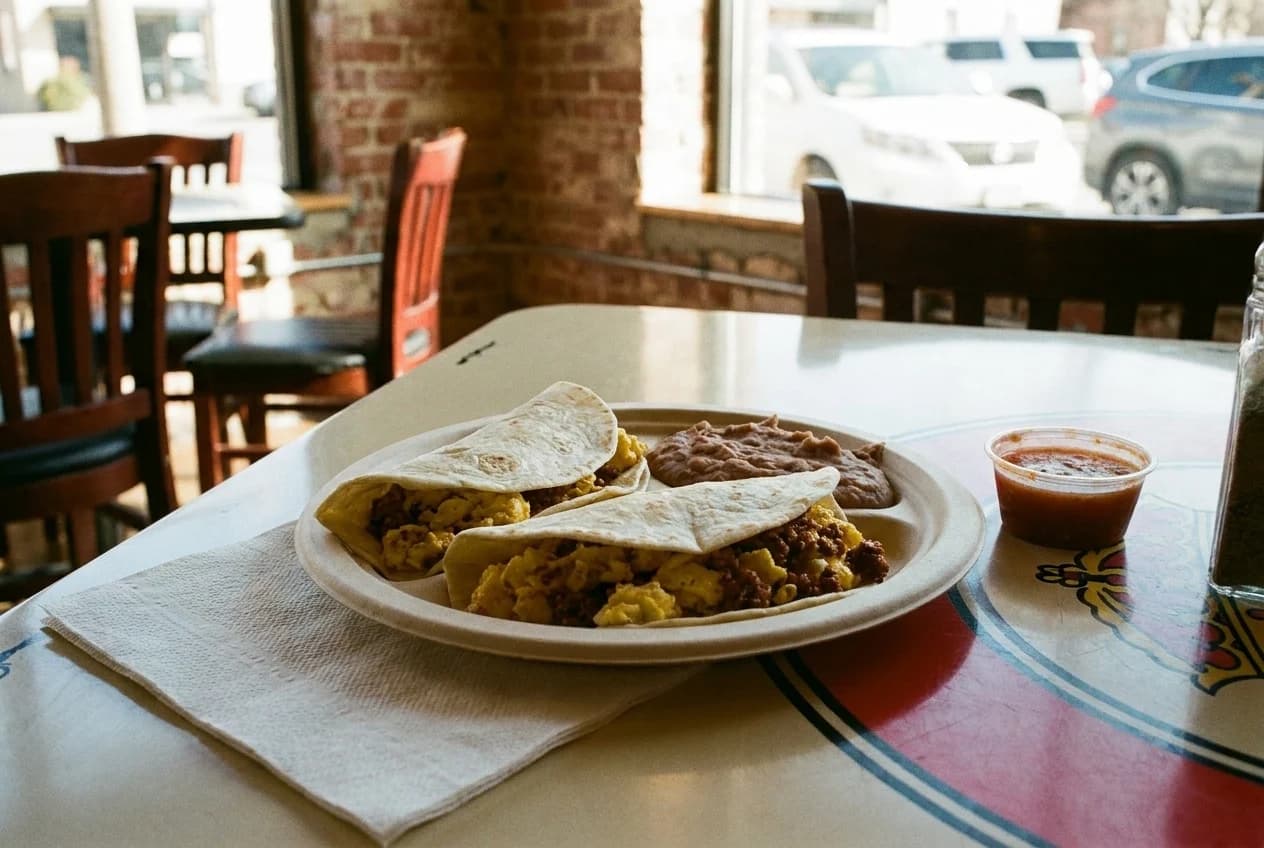 Breakfast taco plate with flour tortillas, scrambled eggs, chorizo, beans, and salsa roja on Formica table