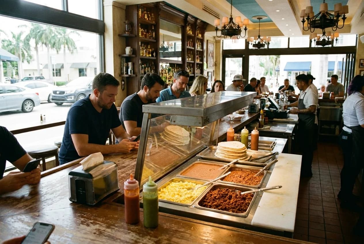 Taqueria counter with steam table holding eggs, chorizo, beans, and flour tortillas in Little Havana