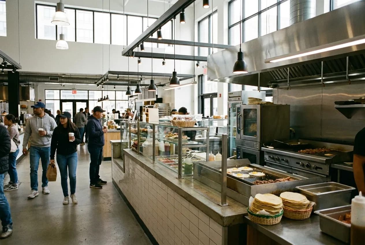 Interior of a century-old New York market hall with tiled food stalls in morning light