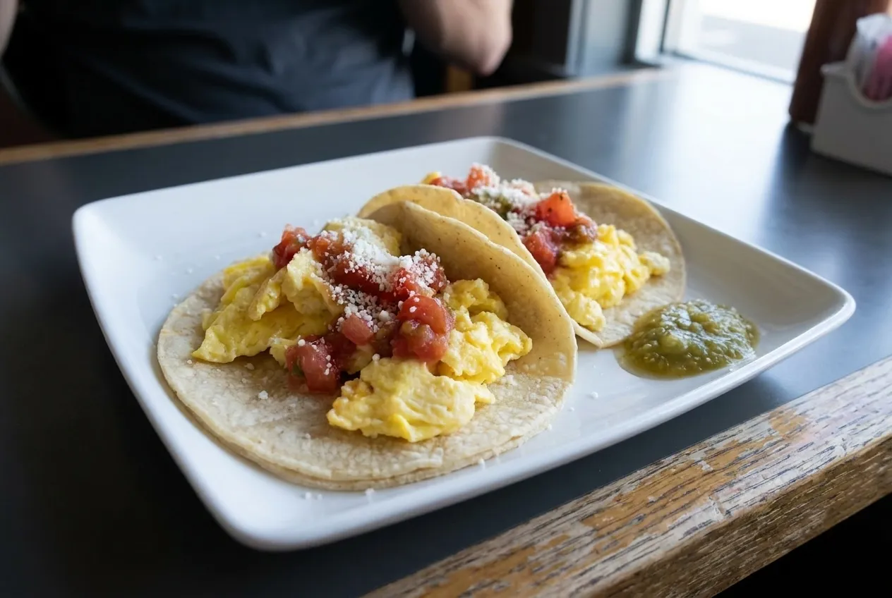 Two corn-tortilla breakfast tacos with egg and salsa on a plain plate