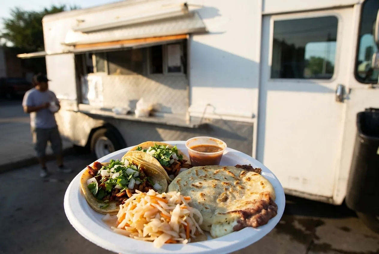 Tacos and a pupusa on a paper plate with curtido