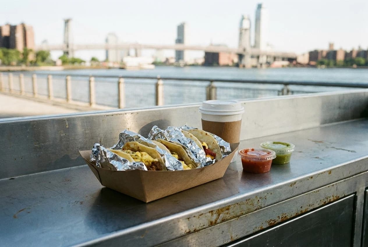 Three foil-wrapped breakfast tacos in takeout tray with coffee and salsa containers on café counter.