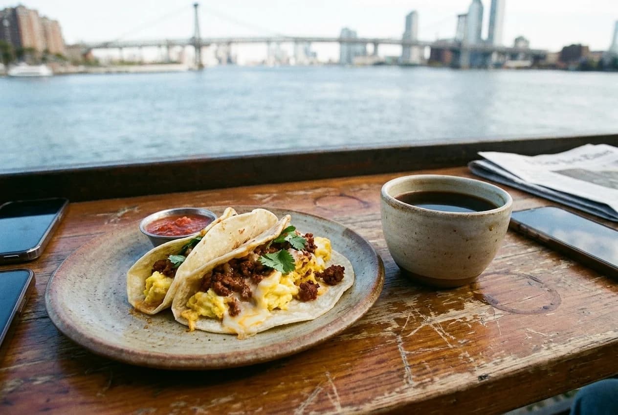 Halved breakfast taco with eggs, chorizo and cheese on a plate beside coffee and salsa in a Williamsburg café.