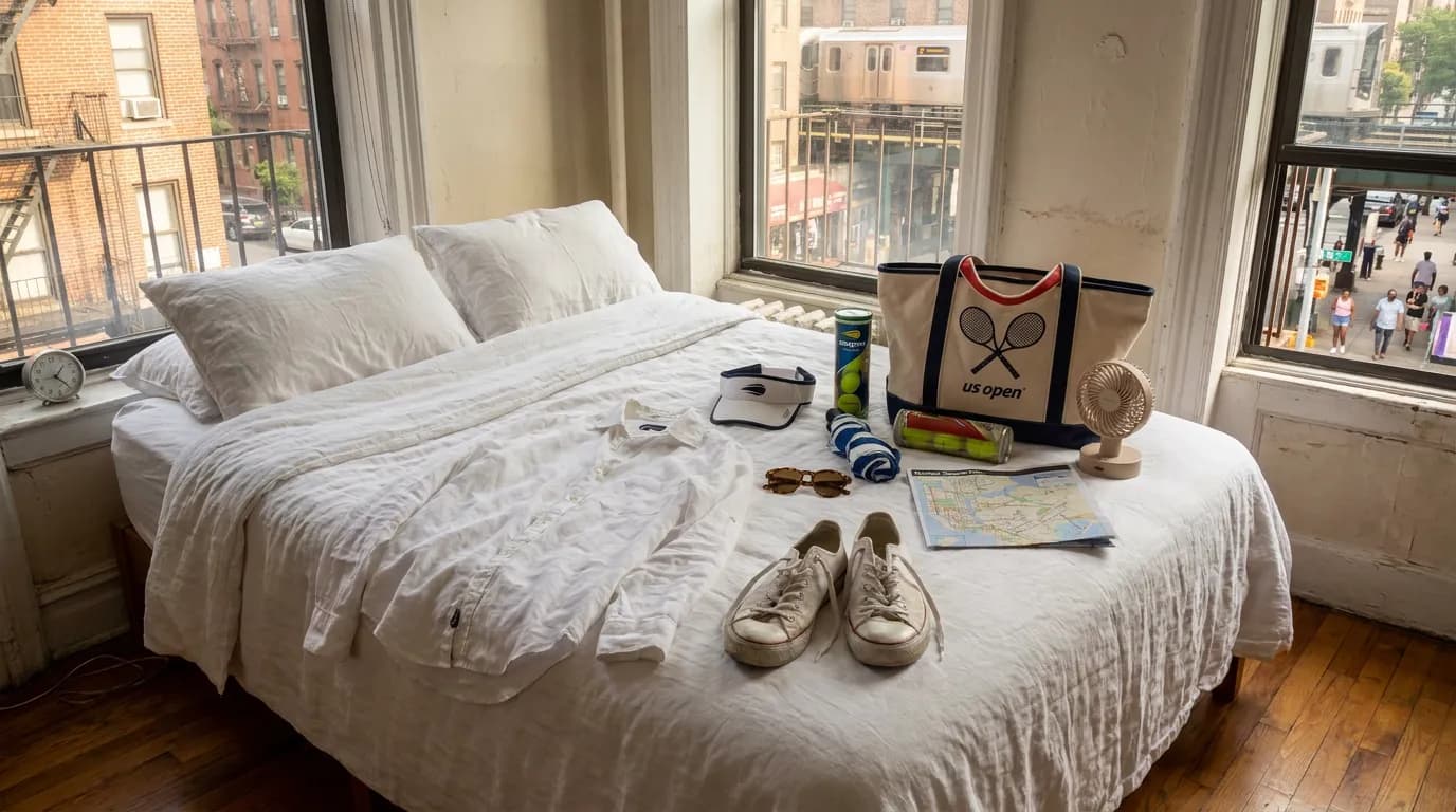 Photorealistic US Open tennis scene for Breathable Tennis Style for Muggy Queens Match Days.
