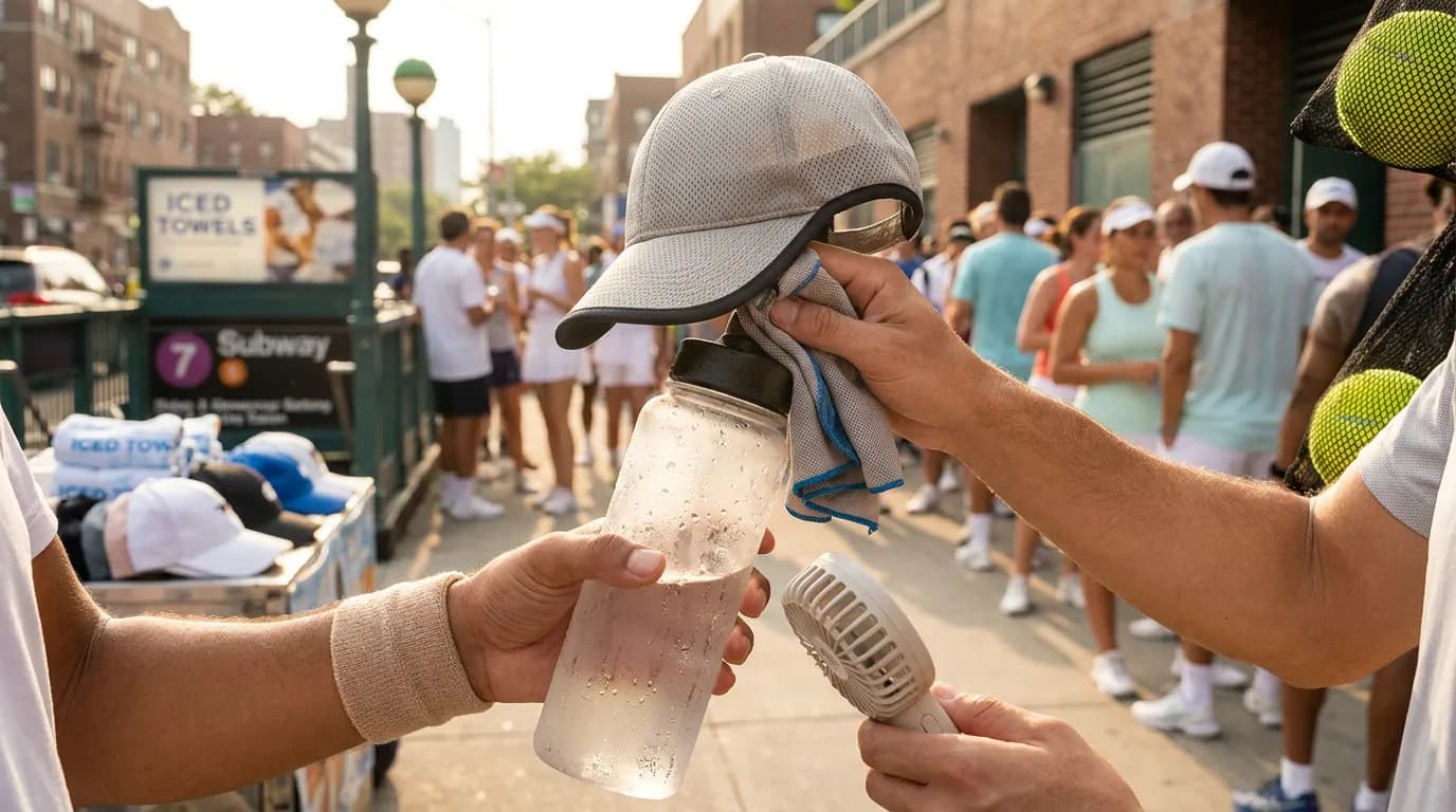 Photorealistic tennis scene illustrating Breathable Tennis Style for Muggy Queens Match Days.