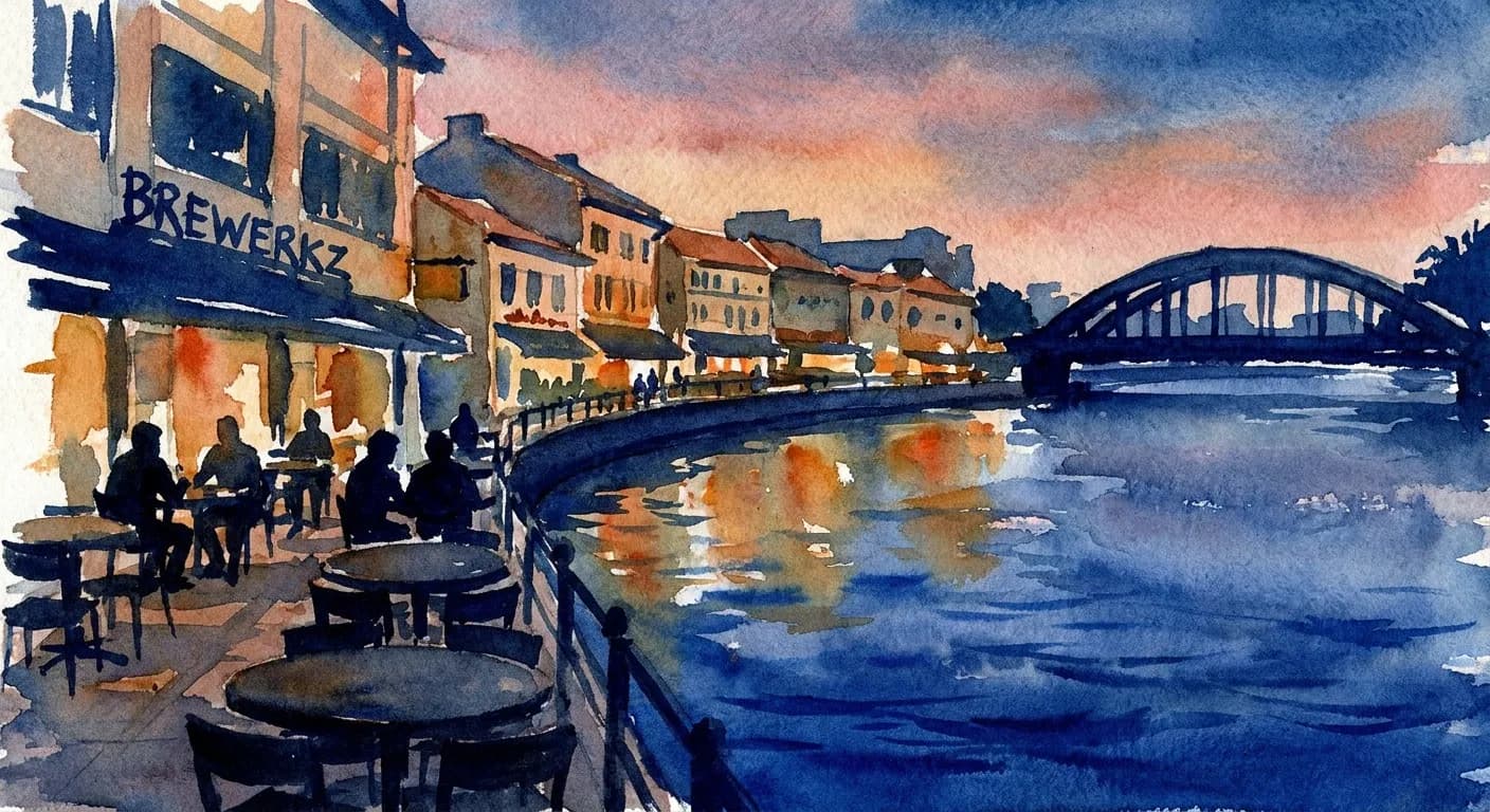 AI-generated watercolor: exterior of Brewerkz craft brewpub at Riverside Point on the Singapore River at dusk, the Clarke Quay waterfront restaurants with warm ochre lights along the river rendered impressionistically, the Singapore River as a wide horizontal cobalt band reflecting the warm restaurant lights, five or six patrons as pure dark silhouettes seated at outdoor riverside tables, the iconic Read Bridge visible to the right in deep cobalt silhouette, dusty pink tropical Singapore twilight sky