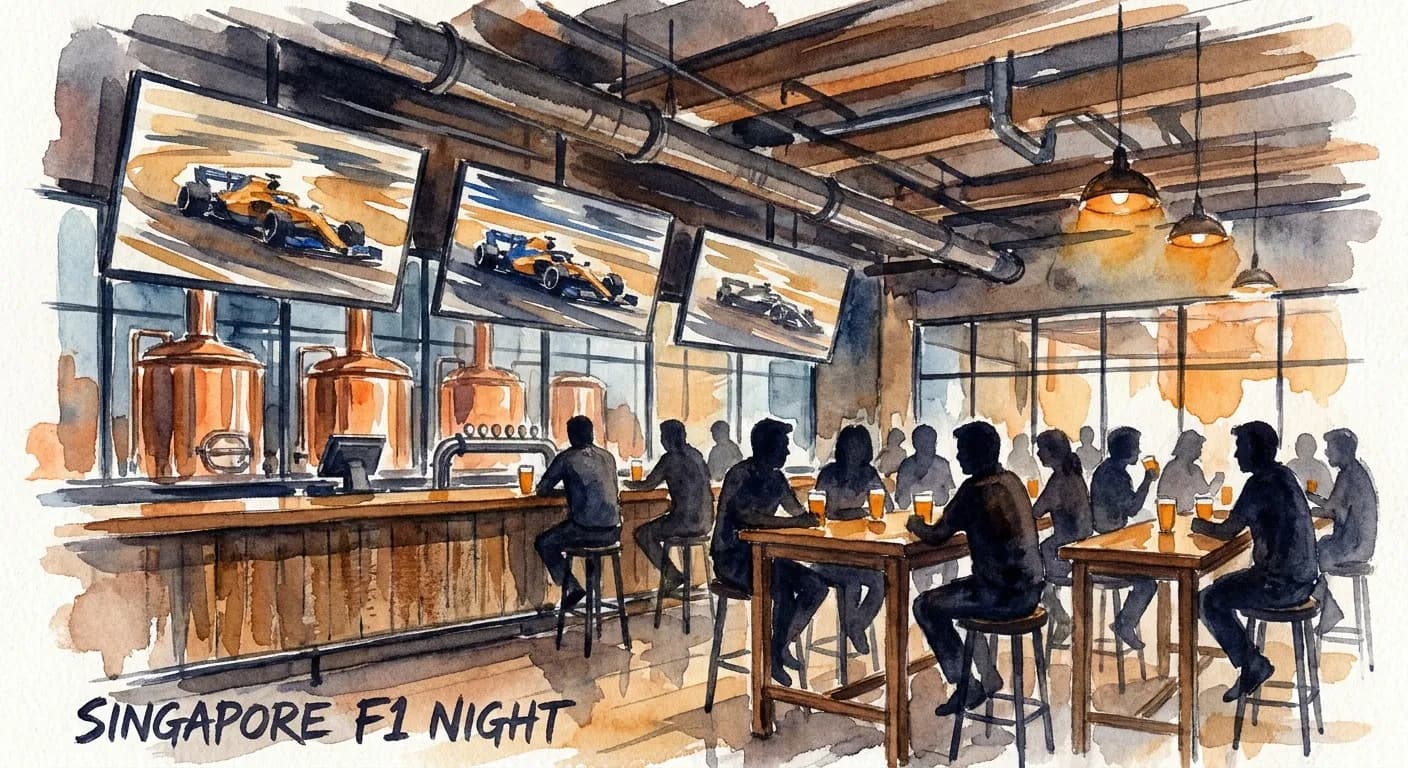 AI-generated watercolor: interior of a craft brewpub in Singapore on a Formula 1 race night, large flat screen TVs above a long wooden bar showing a stylized F1 race scene with blurred warm ochre and cobalt racing cars rendered impressionistically, copper brewing tanks visible behind glass on the back wall, ten or twelve patrons as pure dark silhouettes seated at high-top tables holding pint glasses as warm ochre dots, exposed industrial pipes and beams overhead, warm amber pendant lighting