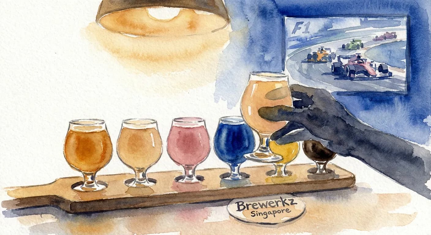 AI-generated watercolor: close-up of a flight of six small craft beer glasses on a wooden bar tray in Singapore, each glass filled with different colored beer rendered impressionistically as warm ochre, pale amber, dusty pink, deep cobalt, golden, and dark stout, a paper Brewerkz coaster underneath, hand silhouette of a patron in dark wash about to lift one glass, warm overhead pendant light glow as a soft ochre halo, blurred TV showing a stylized F1 race in the cobalt background