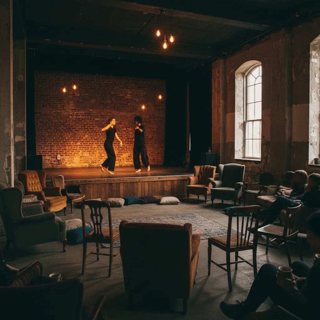 Editorial-style realistic scene inspired by The Brick Theater in New York.