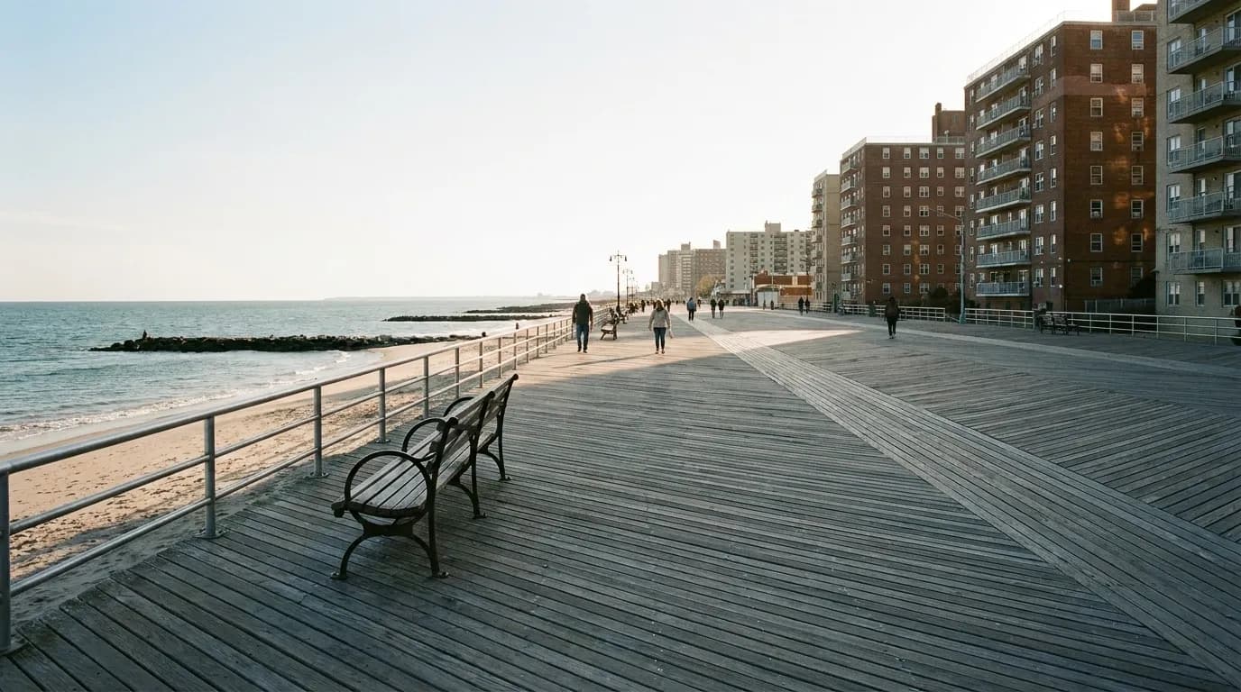 Brighton Beach boardwalk stretching along the Atlantic Ocean in Brooklyn