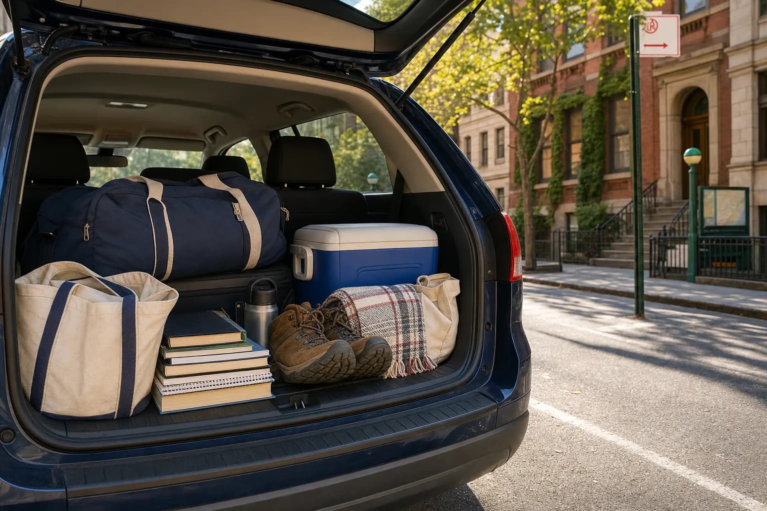 Weekend escape car trunk beside campus gear